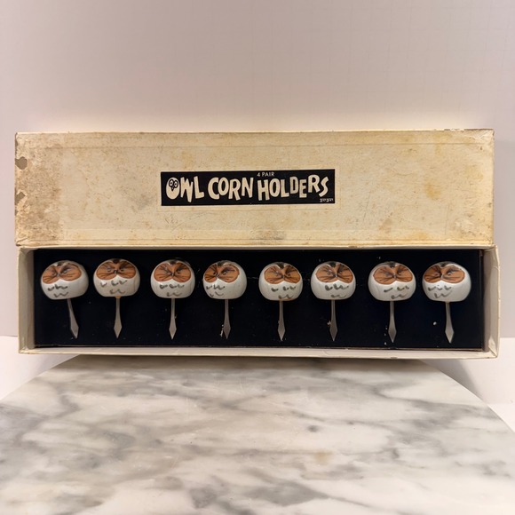 Fitz and Floyd Other - Vintage '72 Fitz & Floyd Owl Corn Holders 4 Pair Japan Pottery whimsical‎ w/ box